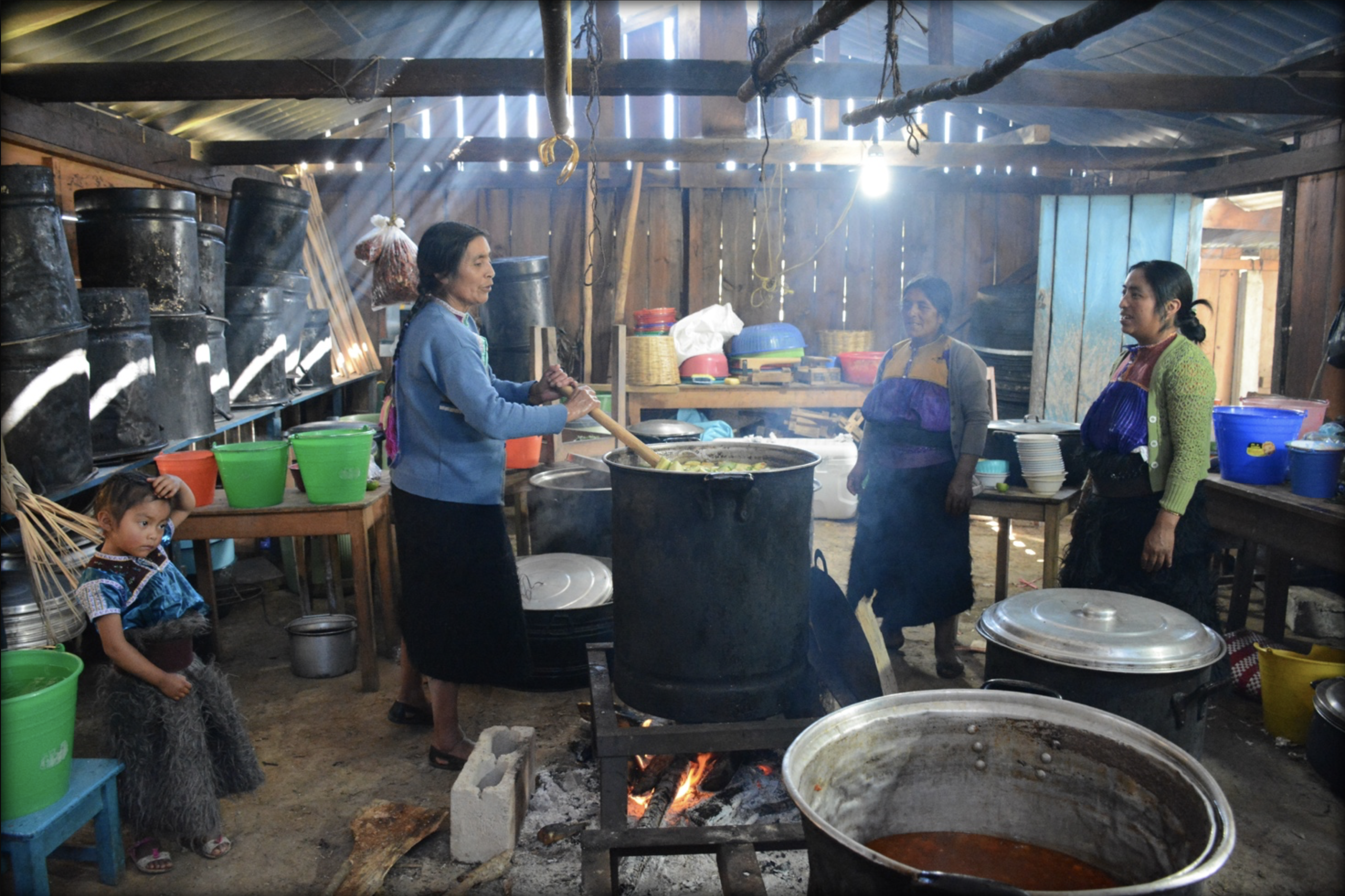 Three Tzotzil women and a little girl preparing a meal for over 100 persons at a public forum organized by Luz y Fuerza del Pueblo - La Candelaria, San Cristóbal de las Casas, Chiapas. December 2016.